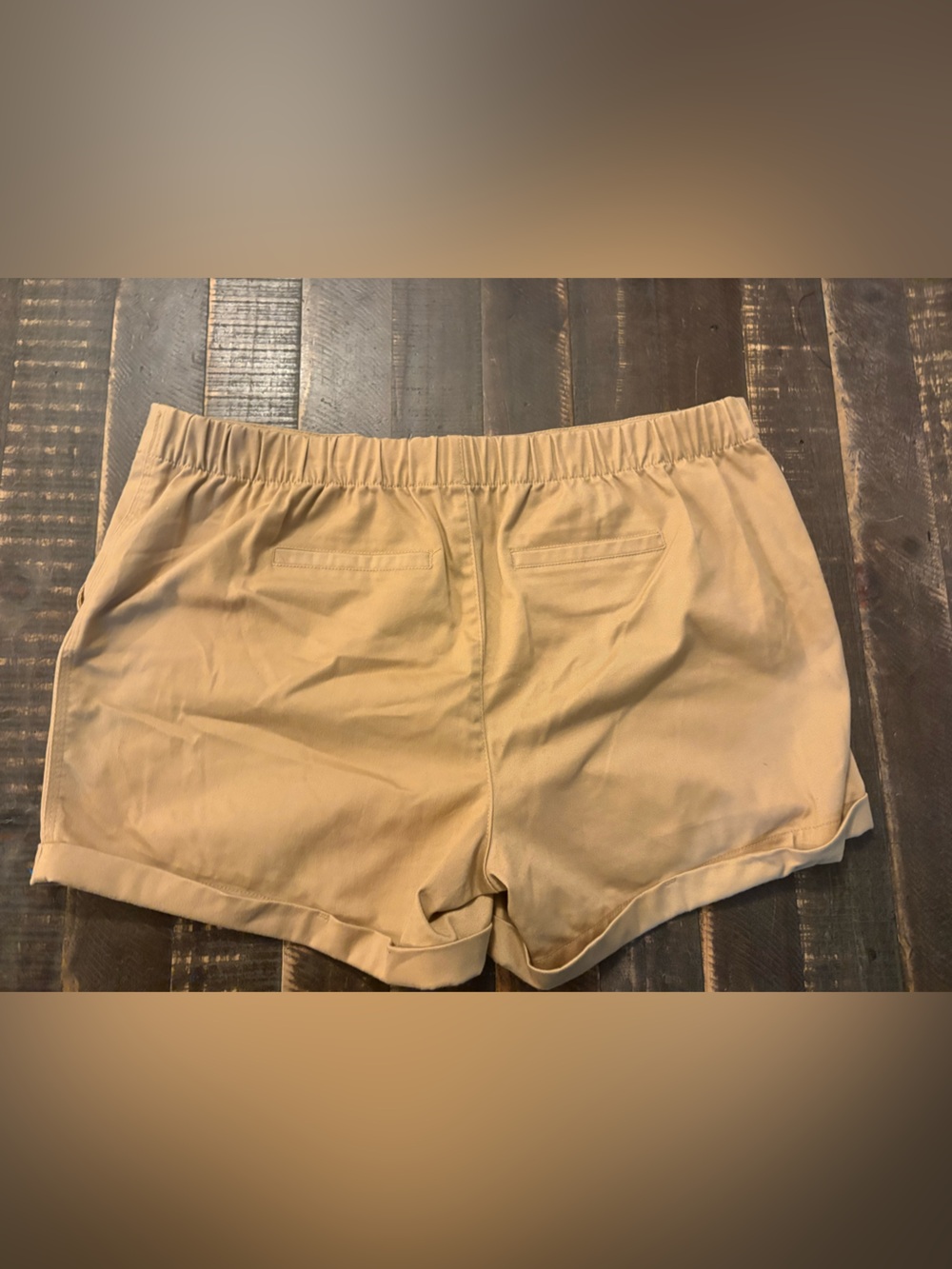 High-Waist Roll-Cuff Tan Shorts Elastic Button Waist Pockets